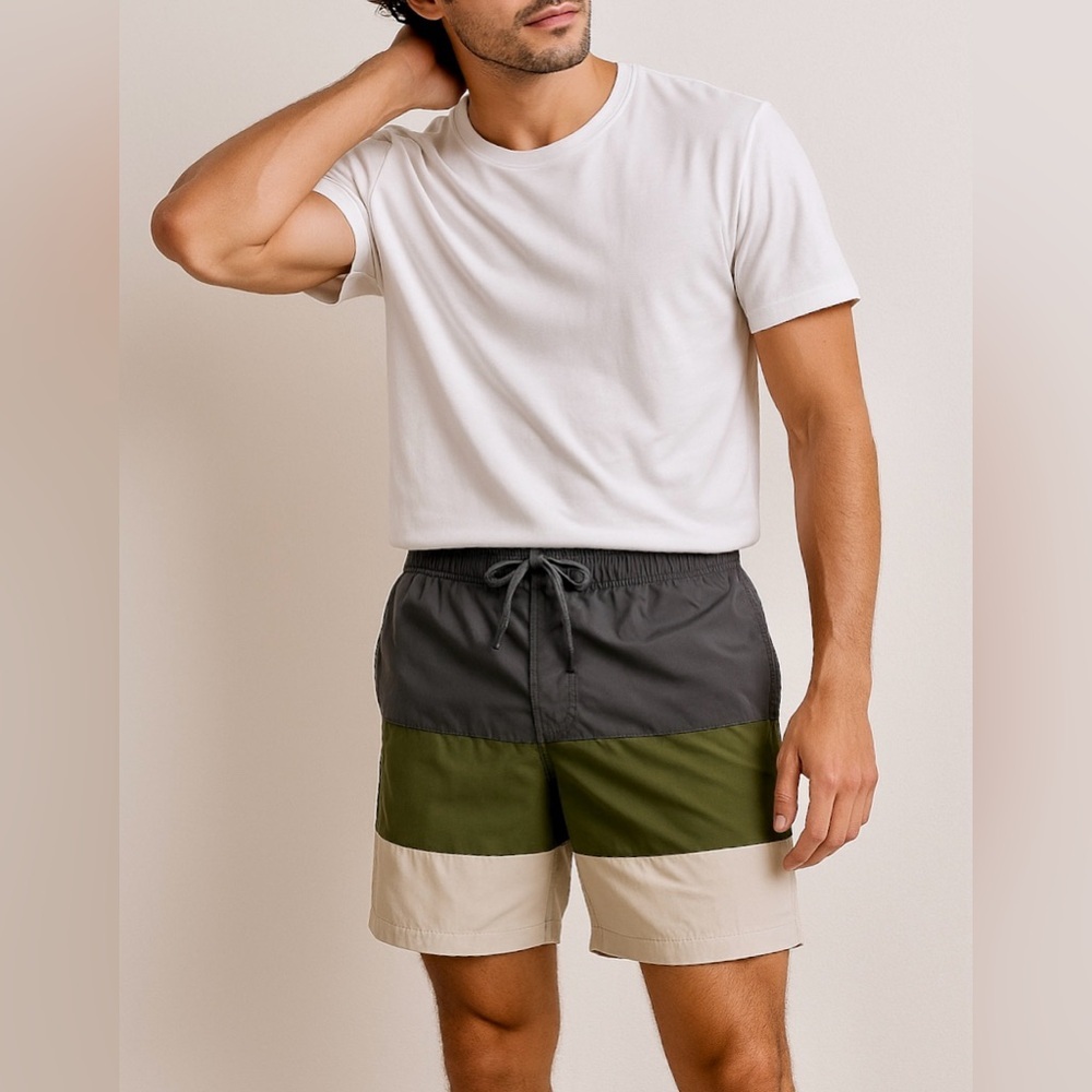 🏄‍♂️ H&M Men’s Colorblock Swim Shorts Gray Green Beige Size M‎ 🌴 Quick-Dry.